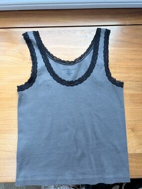 Brandy Melville Lace-Trim Scoop Neck Tank Top in Charcoal Gray